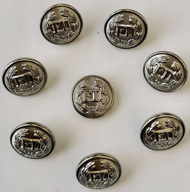 FD - SMALL UNIFORM NICKEL "FD" BUTTON - 1 EACH.